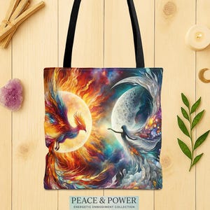 Phoenix and Moon Goddess Tote Bag: Yin Yang Spiritual Art