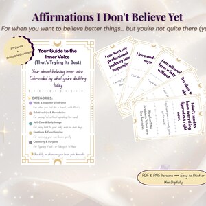 May include: A set of affirmation cards titled "Affirmations I Don't Believe Yet." The cards are designed to help with self-doubt and include categories like work, relationships, and self-care. The image also includes a guide and printable envelopes.