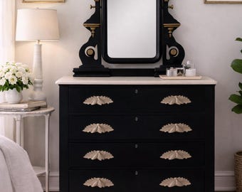 Vintage-Inspired Black Dresser with Ornate Mirror | Hand-Painted Statement Chest | Cottage Style Bedroom Furniture