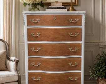 Refinished French Provincial Tall Dresser – Antique White, Wood, Brass Hardware, Farmhouse Bedroom Storage