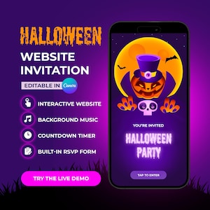 May include: A digital Halloween website invitation template featuring a smartphone displaying a pumpkin character in a purple top hat against a yellow moon. The design includes text for a Halloween party, interactive features, and a live demo button.