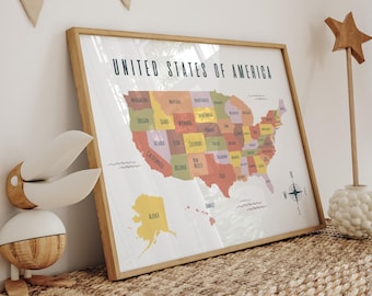 Poster con mappa degli Stati Uniti: decorazione murale educativa per bambini in classe (download digitale)