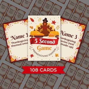 May include: Thanksgiving-themed card game with a turkey illustration, pumpkins, and pie. The game is called "5 Second Game Friendsgiving Edition" and includes 108 cards. The cards have a fall-themed border.