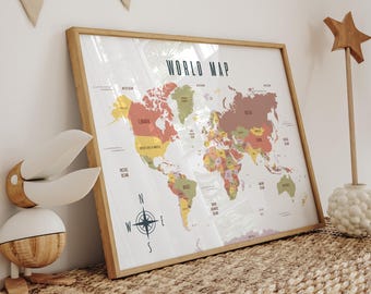 Poster didattico con mappa del mondo: arte murale minimalista con geografia (download digitale)
