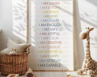 Poster di affermazione per bambini: arte Montessori per l'asilo nido con arcobaleno pastello (download digitale)