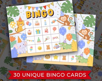 Bingo di compleanno per bambini con animali della giungla: 30 cartelle del bingo illustrate stampabili per feste per bambini piccoli
