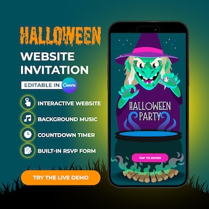 May include: A digital Halloween website invitation template featuring a green witch stirring a cauldron. The graphic includes text reading HALLOWEEN WEBSITE INVITATION, HALLOWEEN PARTY, and TAP TO ENTER, with icons for interactive features like music and RSVP.