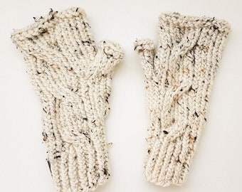 Fingerless Mittens Chunky Ribbed Wrist Warmers | Made to Order | Custom Color - Cream Tweed | One size fits most warm winter autumn layers