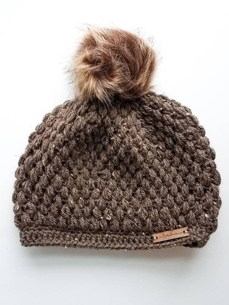 Barley Heather Crochet Textured Beanie Hat One Size Fits Most Adults Made to Order Puffy Textured Puff Stitch Slouchy Young Teen Brown snap-on