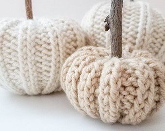 Knit Pumpkins with Natural Stick Stems | Small Home Fall Autumn Halloween Thanksgiving Harvest Decor Golden Orange Natural Jute