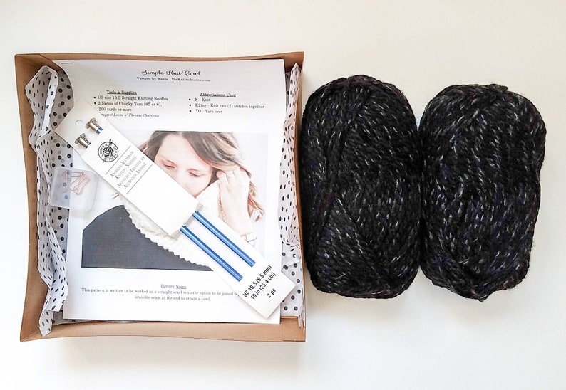 DIY Make Your Own Knit Double Wrap Cowl Scarf Chunky Knit Beginner Kit Crafty Do It Yourself Holiday Gift under 50 Black Heather