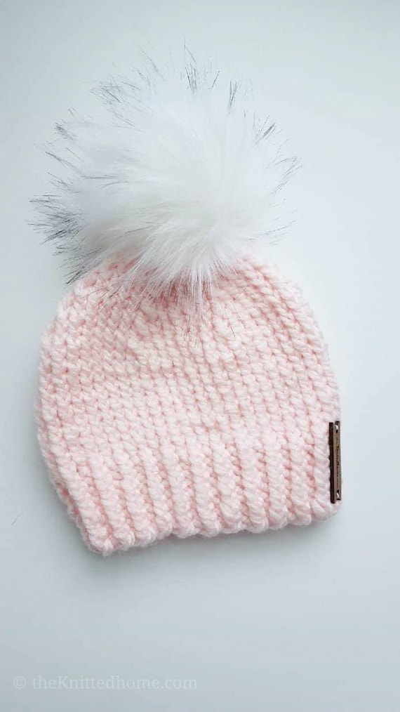 Blush Pink Chunky Knit Beanie | Faux Fur Pom Slouchy Hat  display picture 2