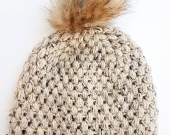 Haferflocken gehäkelte Puff Stitch Beanie Mütze | Einheitsgröße für Erwachsene | Auf Bestellung | Strukturierte Slouchy Damen Herbst Herbst Winter Creme Tweed