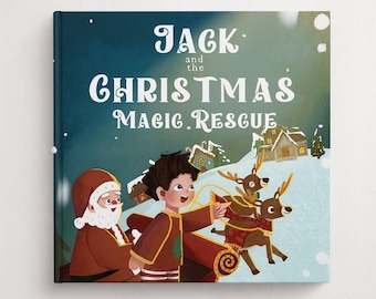 Puede incluir: Un libro infantil titulado "Jack and the Christmas Magic Rescue" presenta una ilustración de Papá Noel, un niño y renos tirando de un trineo. La portada tiene una escena invernal con casas y un paisaje nevado.