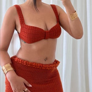 Crochet Beachwear Set, Handmade Crop Top and Skirt, Summer Two Piece Outfit, Knit Bralette, Boho Resort Wear, Terracotta