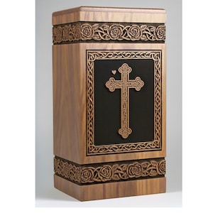 Handgefertigte Palisander Urne mit Kreuz-Motiv (28x15x15cm)