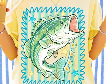 Bass Fish PNG Summer Fishing Shirt Design Preppy Bass Fishing Sublimation Striped Bass Lake Fish PNG Fishing Dad PNG Brushstroke Design