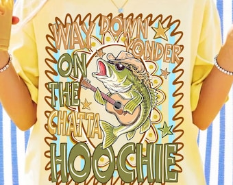 Striped Chattahoochee Fish PNG Bass Guitar Cartoon Country Music Shirt Design Retro 90s Country Fishing Graphic Summer Preppy Boy Digital