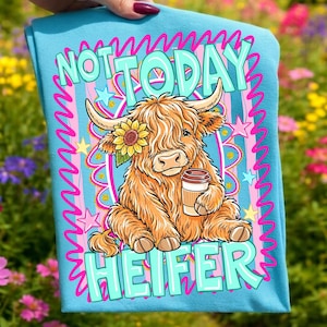 May include: A light blue t-shirt featuring a cartoon Highland cow with a sunflower and coffee cup. The text "NOT TODAY HEIFER" is in a turquoise and pink design. The shirt is held up by a person.