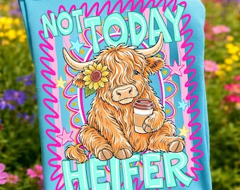 Hoje não, novilha PNG, amante de café, vaca das Terras Altas, download digital, humor sarcástico de fazenda, vaca ocidental listrada neon com girassol, camiseta para sublimação.