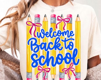 Welkom terug op school PNG, leuk ontwerp voor een lerarenshirt, sublimatie clipart met potloodstrik, eerste schooldag PNG, DTF shirt graphic