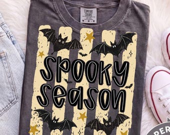Striped Spooky Season Bat Ghost PNG, Funny Halloween Sublimation Design, Retro Horror Tee Graphic, Trendy Spooky Vibes DTF Shirt File