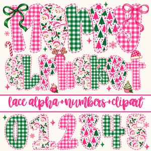 Puede incluir: Un conjunto gráfico digital con el texto Merry Alphabet y lace alpha+numbers+clipart. Las letras y números están decorados con cuadros vichy rosas y verdes, caras de Papá Noel, árboles de Navidad y lazos, con estrellas y copos de nieve.