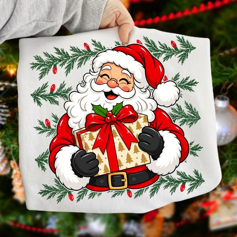 May include: A white t-shirt featuring a graphic of Santa Claus with a white beard and red hat, holding a gift box wrapped in gold paper with a large red bow. The background of the print shows green pine branches with small red Christmas lights.