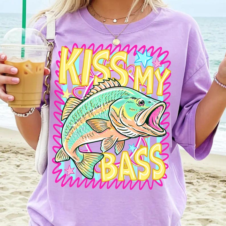 Preppy Kiss My Bass Fish PNG Trendy Summer Beach Fishing Design Colorful Pink Summer Vibes Lake Life PNG Sublimation Graphic image 6
