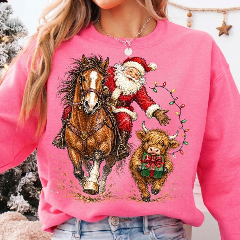 Image of Western Christmas PNG, Cowboy Santa Horse, Highland Cow Christmas Sublimation, Vintage Rodeo Shirt Design, Digital Download