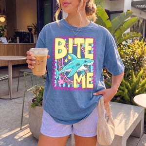 Bite Me Shark PNG Funny Summer Beach Design Coastal Striped Aesthetic Trendy Shark Graphic Sublimation DTF Digital File Preppy Summer Shirt image 9