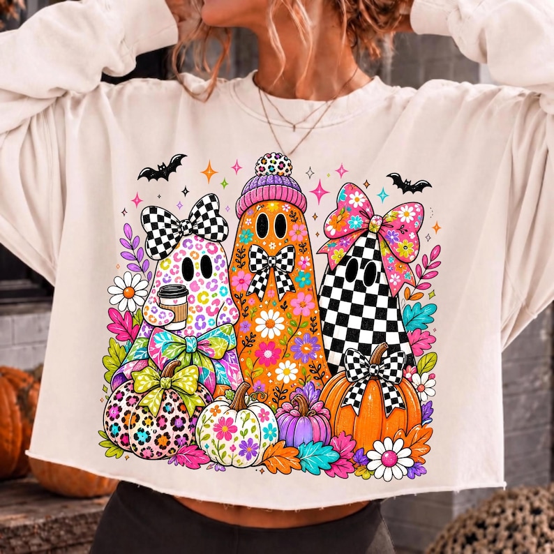 Preppy Halloween Ghost PNG design on a t-shirt and mug