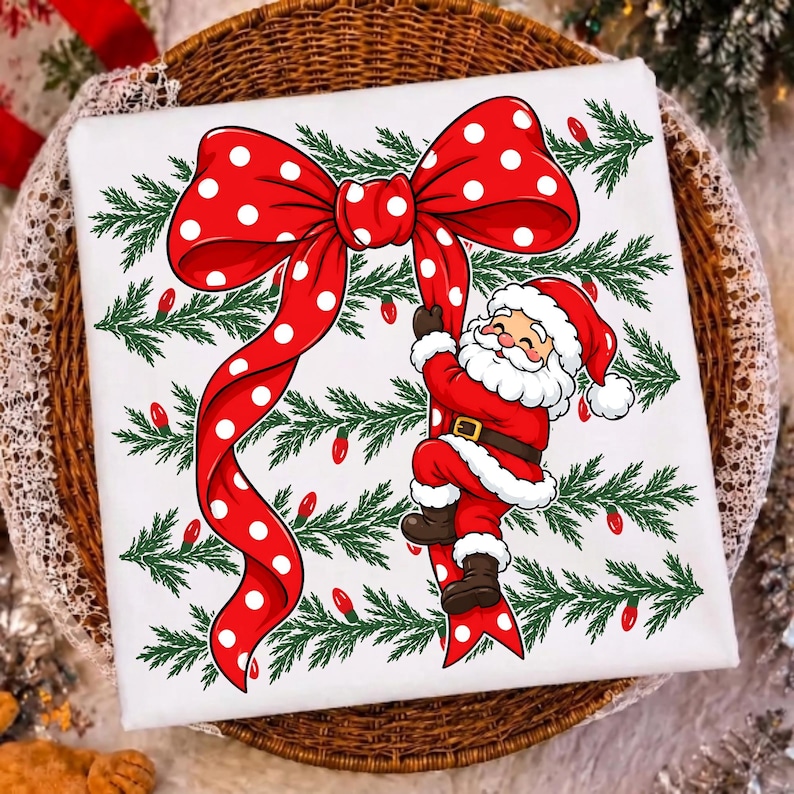 Image of Santa Bow PNG, Coquette Christmas Santa Sublimation, Red Polka Dot Ribbon Holiday Design, Merry Christmas Digital Download