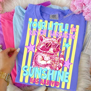 May include: A lilac Comfort Colors t-shirt with a raccoon graphic wearing sunglasses and holding a drink. The shirt has the text "YOUR LITTLE RAY OF SARCASTIC SUNSHINE HAS ARRIVED" in yellow, pink, and blue.