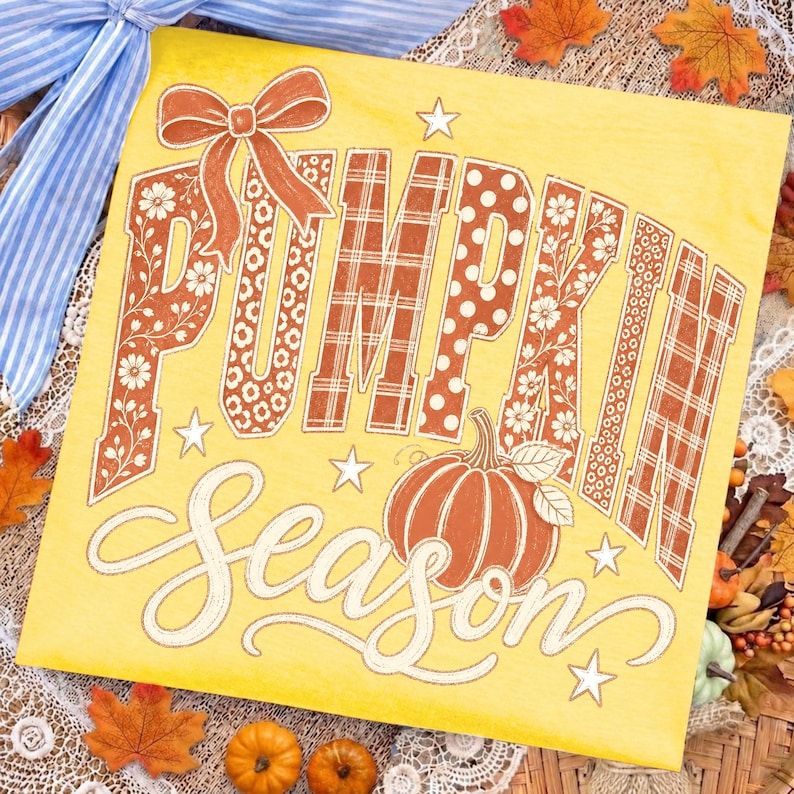 Image of Pumpkin Season PNG, Preppy Fall Pumpkin Sublimation, Coquette Bow Autumn Shirt Design, Retro Thanksgiving Digital Download