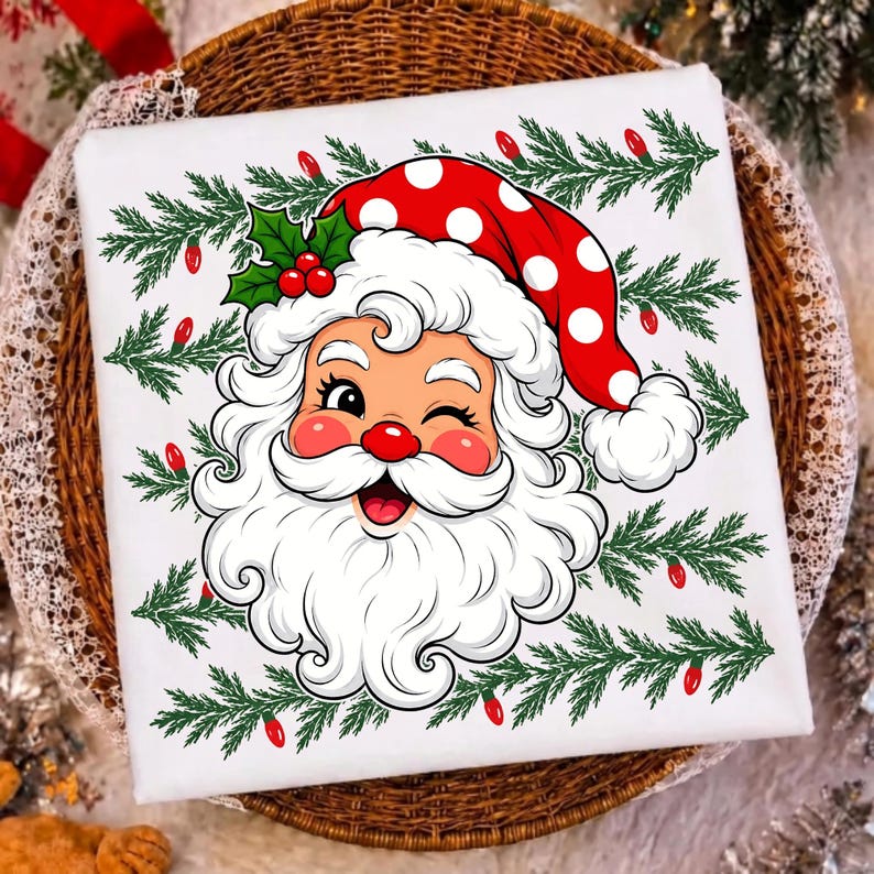 Image of Retro Santa Christmas PNG, Polka Dot Santa Face Sublimation, Trendy Holiday Shirt Design, Aesthetic Xmas Digital Download