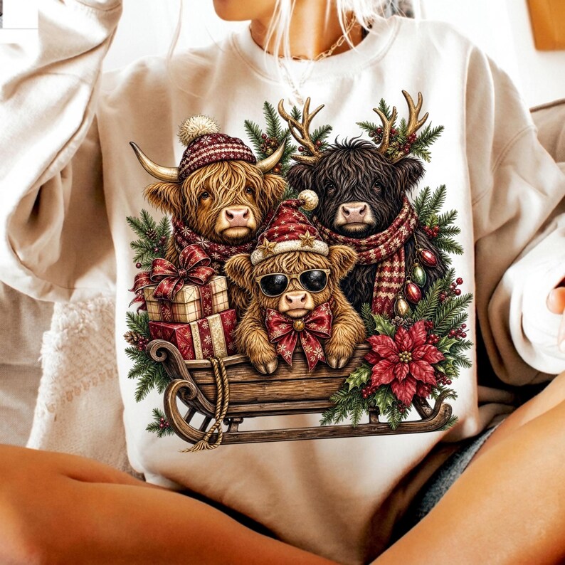 Puede incluir: Una sudadera color crema con un gr&aacute;fico de tres vacas Highland en un trineo de madera. Una vaca lleva un gorro de punto, otra tiene astas y una bufanda, y la tercera lleva gafas de sol y un gorro de Pap&aacute; Noel, rodeadas de regalos y flores.