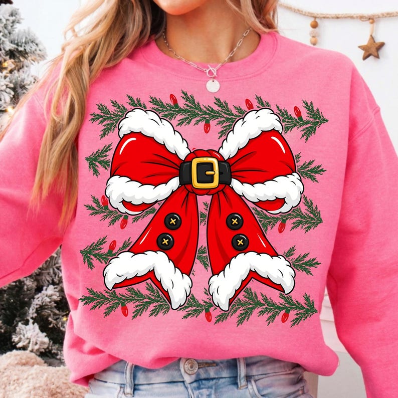 Image of Retro Santa Bow PNG, Christmas Bow Sublimation, Girly Holiday Shirt Design, Digital Download