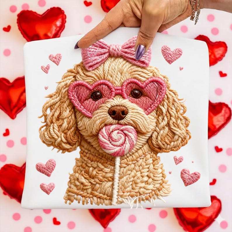 May include: A white square pillow with an embroidered dog wearing heart-shaped sunglasses and a pink bow. The dog is holding a pink and white swirled lollipop. Pink embroidered hearts are scattered around the dog.