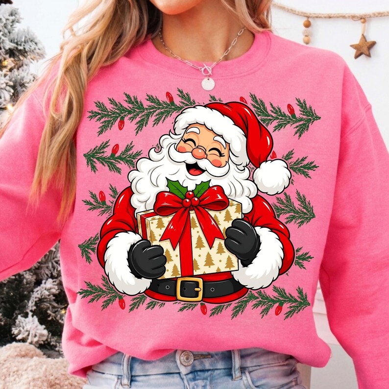 Image of Vintage Santa PNG, Retro Santa Claus with Gift, Christmas Shirt Sublimation Design, Holiday Digital Download