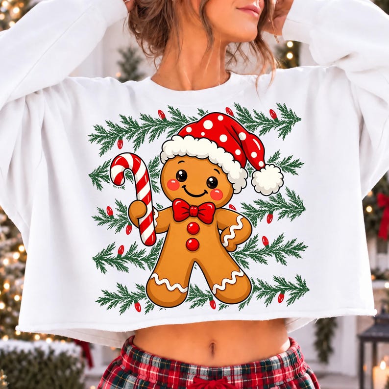 Image of Gingerbread Christmas PNG, Cute Gingerbread Man Candy Cane Sublimation, Retro Holiday Shirt Design, Digital Download