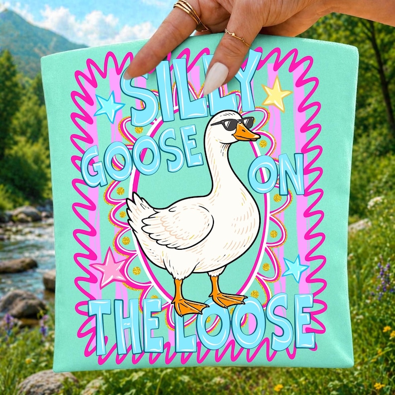 High-resolution Silly Goose On The Loose PNG featuring a cute, hand-drawn goose with playful text.