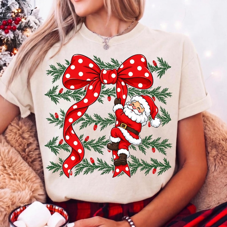 Jultomte-rosett PNG, kokett jultomte-sublimering, rött prickigt band-semesterdesign, digital nedladdning av god jul bild 8