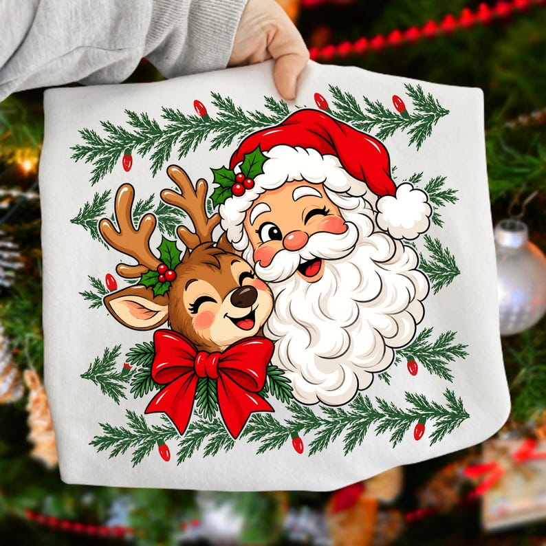 May include: A white t-shirt featuring a graphic illustration of Santa Claus and a reindeer with a large red bow. The design is framed by green pine branches and small red lights, creating a festive holiday scene on the fabric.