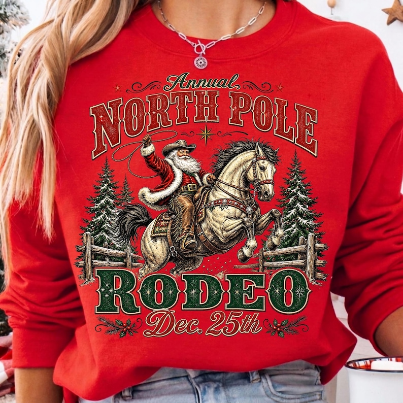 Example of Western Santa Christmas design on a white t-shirt for sublimation.