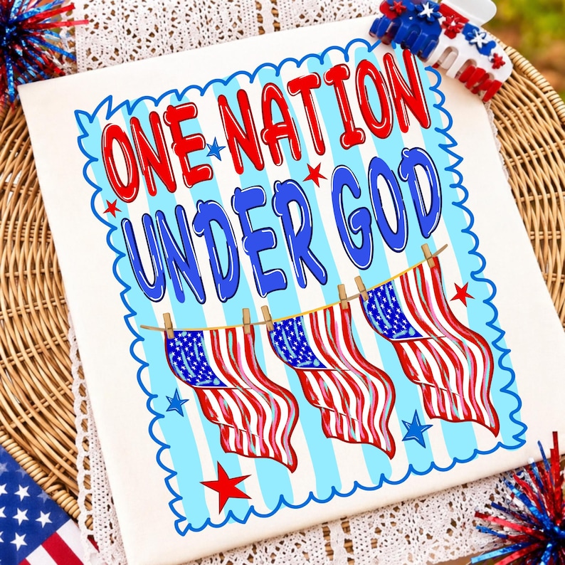 Distressed One Nation Under God PNG design with patriotic red, white, and blue textures for 4th of July crafts