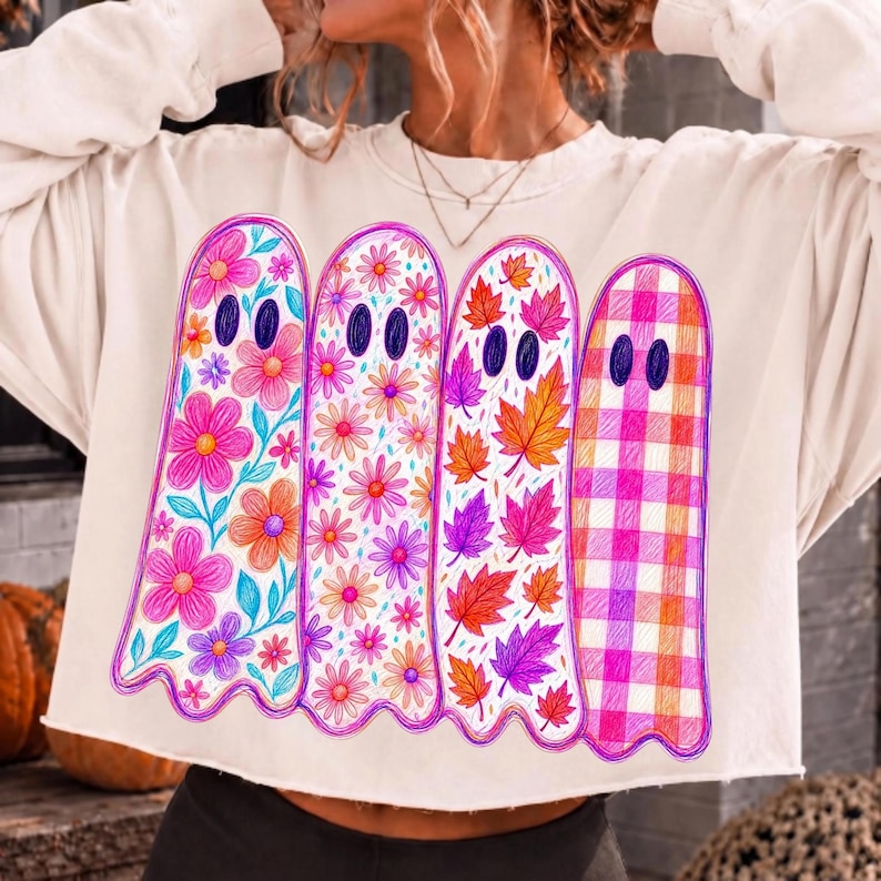Adorable Retro Floral Plaid Halloween Ghost PNG design
