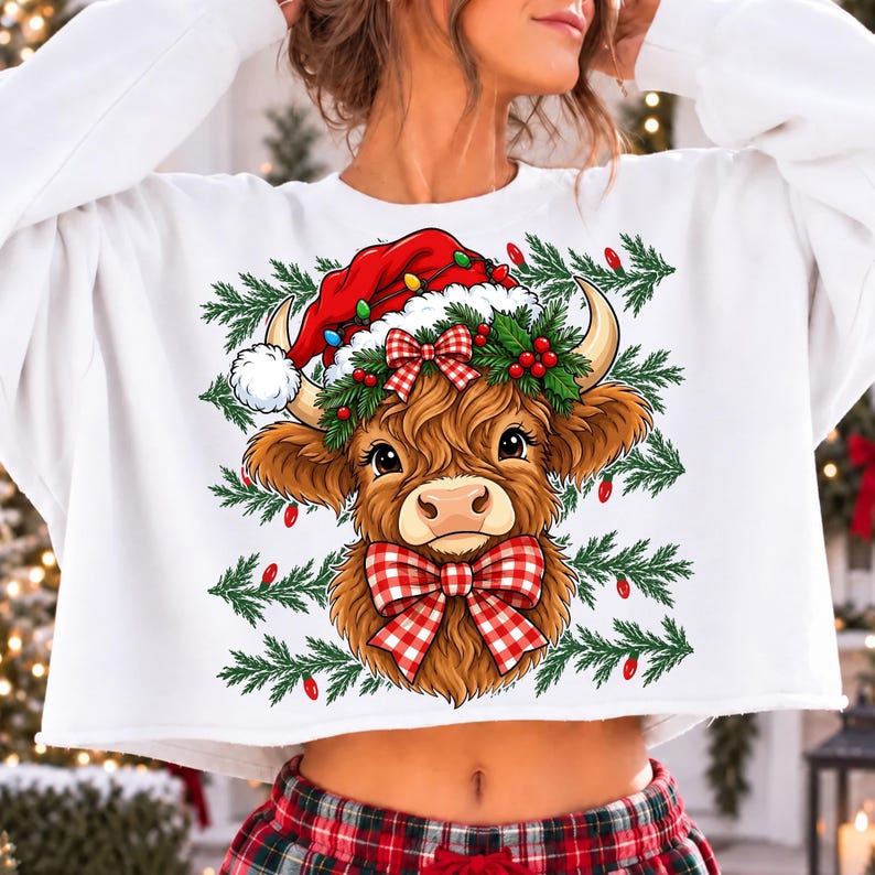 Coquette Christmas Highland Cow PNG Sublimation Design