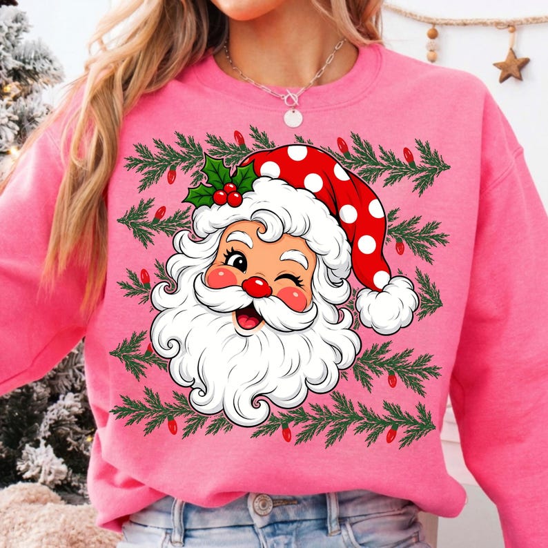 Image of Retro Santa Christmas PNG, Polka Dot Santa Face Sublimation, Trendy Holiday Shirt Design, Aesthetic Xmas Digital Download