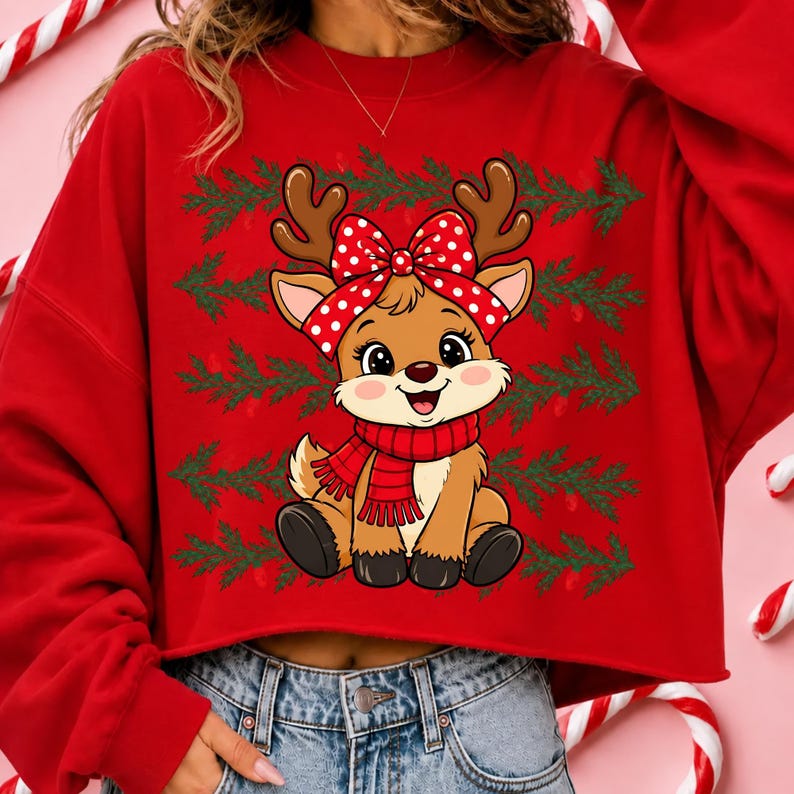 May include: A bright red long-sleeve sweatshirt featuring a central graphic of a cartoon reindeer with a red and white polka dot bow and a red scarf. The background of the graphic includes horizontal rows of green pine branch patterns.
